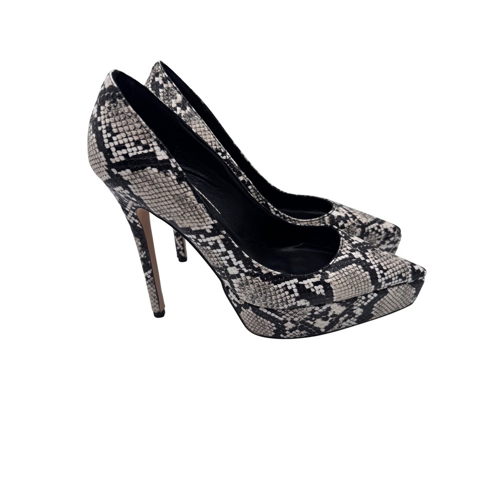 FSJ‎ Women's 7 Black White Snakeskin Platform Pumps Stiletto Pointed Toe Heels